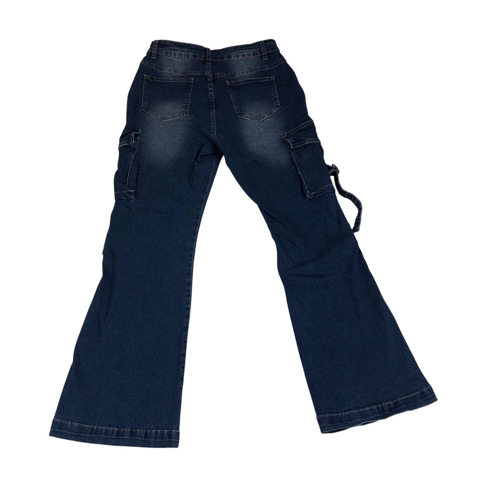 Shein Womens Petite L Dark Wash Denim Cargo Flare Jeans Buckle Strap Blue Retro - Picture 2 of 11